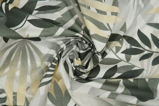 Kokvilna - Palmu lapas (pelēkas, bēšas krāsas) uz balta fona